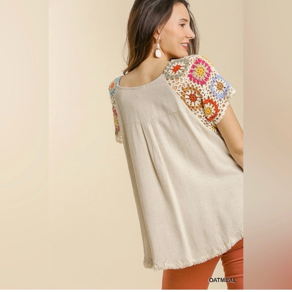 UMGEE Frayed Hem Linen Blend Colorful Crochet Sleeve Boho Tunic Top Size Small - Picture 3 of 14